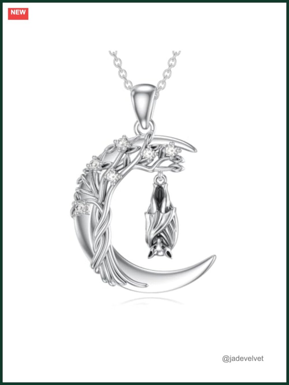 925 Sterling Silver Lab Diamond Moon Bat Necklace 18in